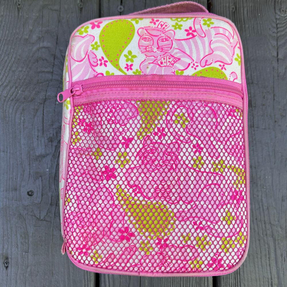 Lilly Pulitzer Vintage Pink Green Cat Print Insulated Lunch Bag Cooler Tote